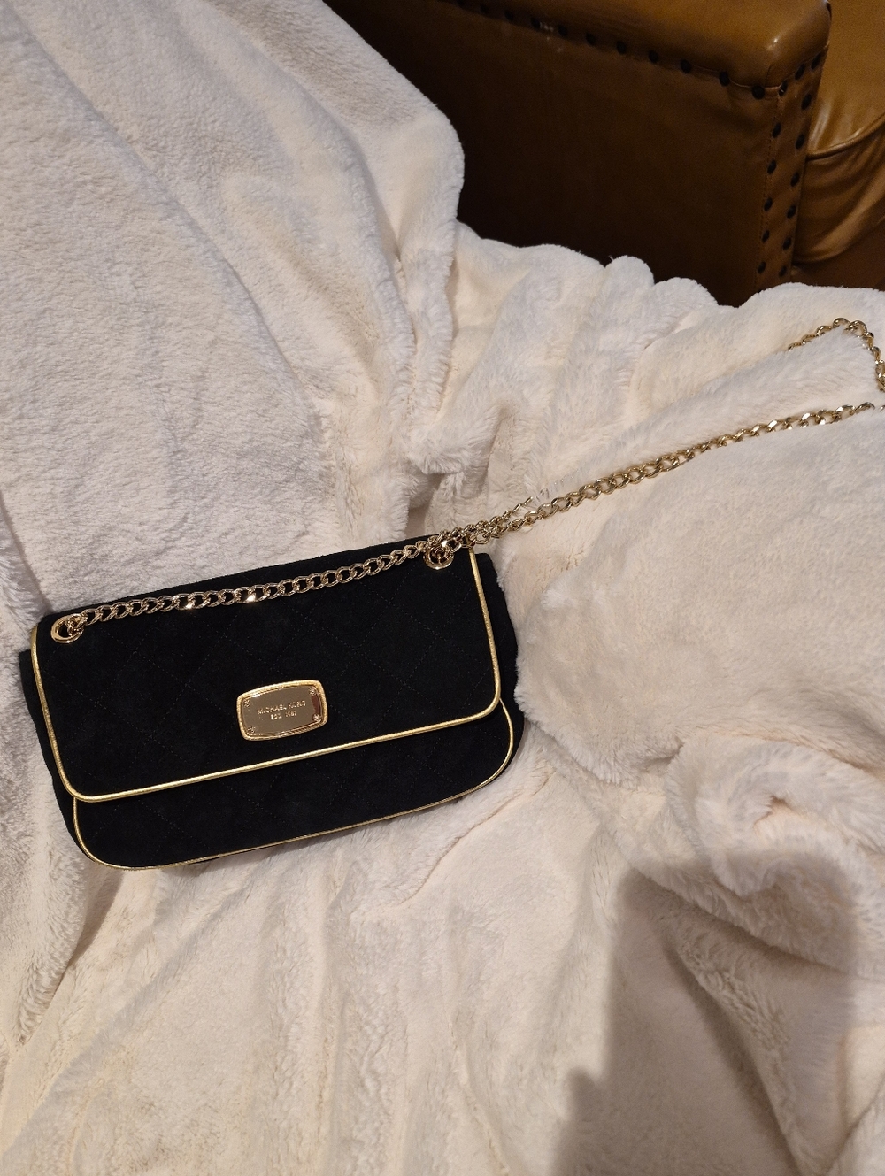 Michael Kors Black Quilted Crossbody Bag with Gold Chain Trim